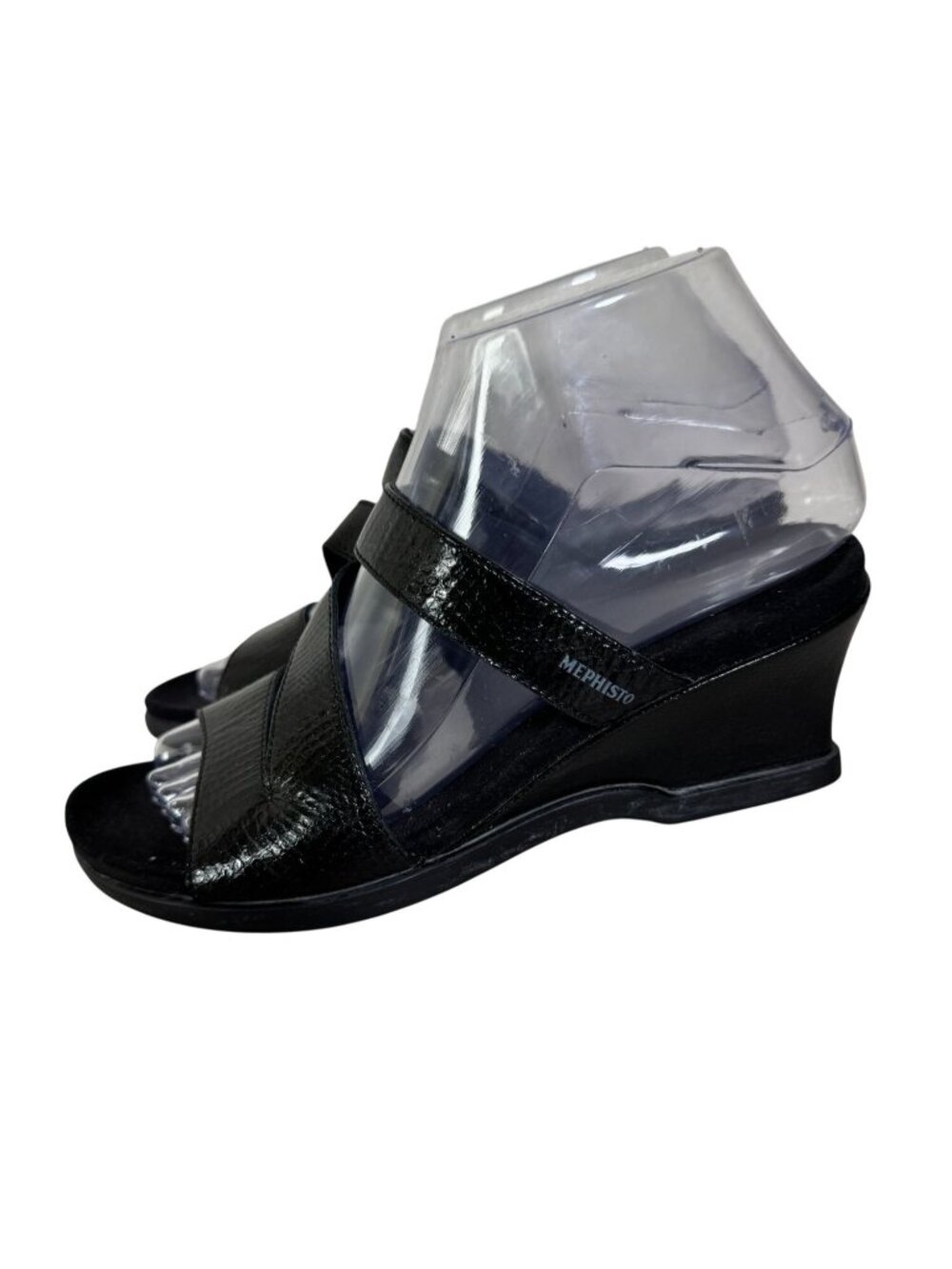 Mephisto Black Strappy Wedge Sandals EU37‎ Women US sz 7 Leather Portugal Patent